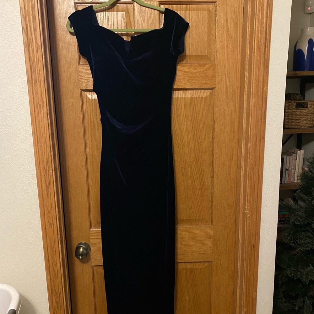 navy blue velvet full length off the shoulder dress